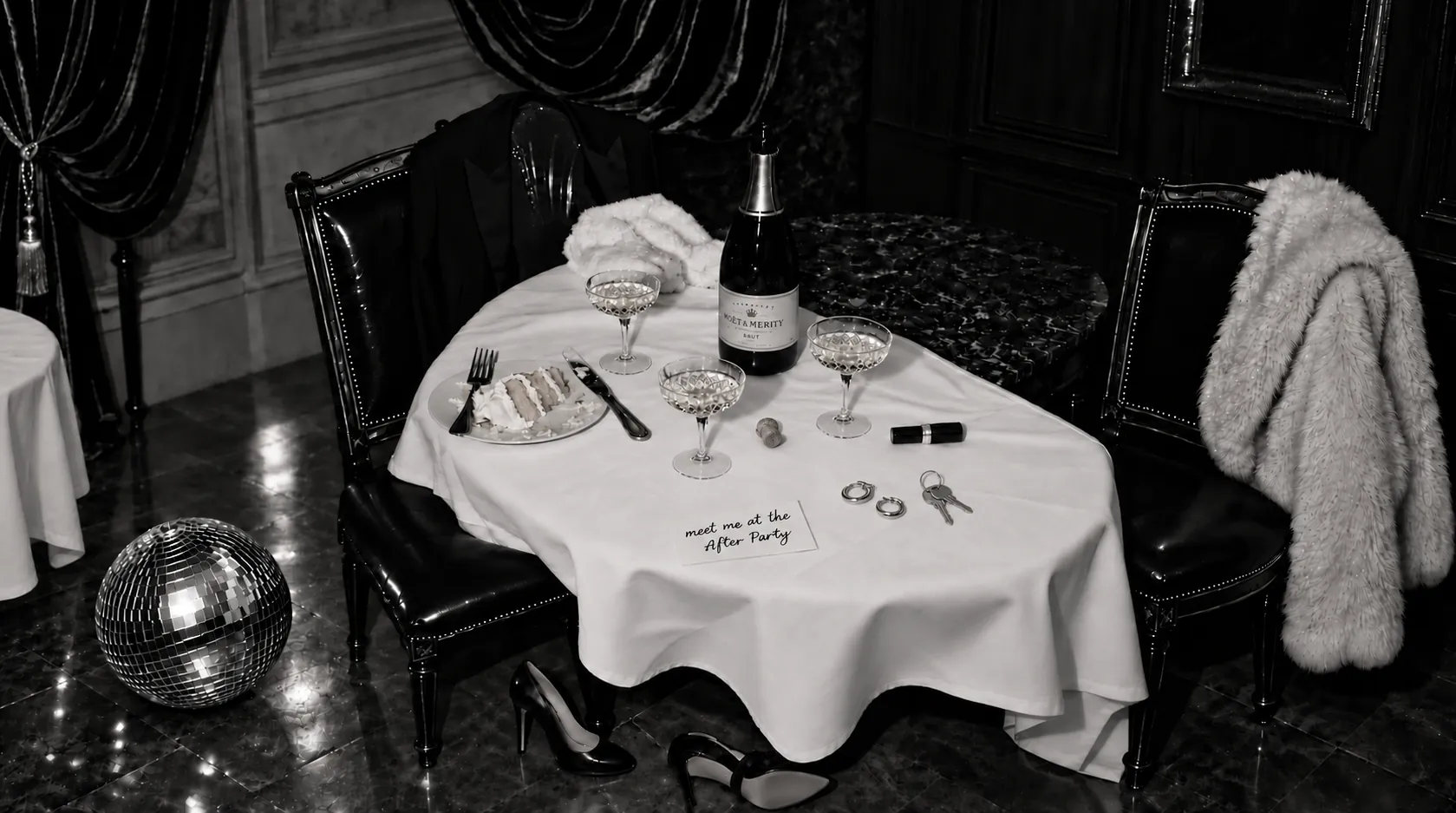 An evening table with champagne, a handwritten meet me at the After Party note, a disco ball, shoes, and a chair draped with a cream fur jacket